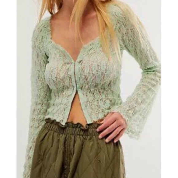 Free People Tops - Free People FP One Madison Top  Lace Sheer Hook-Front Bell Sleeve S Coquette